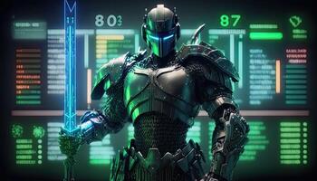 A cyborg holding a futuristic sword, digital hologram graphs background, digital art style. . photo