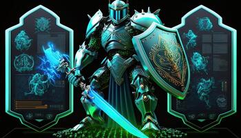 A cyborg holding a futuristic sword, digital hologram graphs background, digital art style. . photo