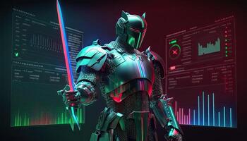 A cyborg holding a futuristic sword, digital hologram graphs background, digital art style. . photo