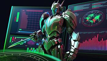 A cyborg holding a futuristic sword, digital hologram graphs background, digital art style. . photo