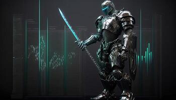 A cyborg holding a futuristic sword, digital hologram graphs background, digital art style. . photo
