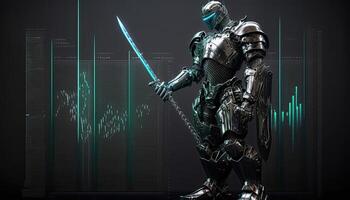 A cyborg holding a futuristic sword, digital hologram graphs background, digital art style. Generative AI. photo