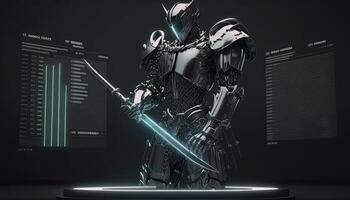 A cyborg holding a futuristic sword, digital hologram graphs background, digital art style. Generative AI. photo