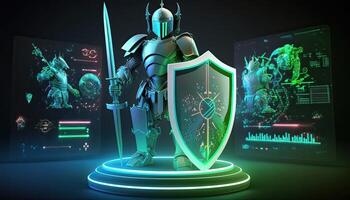 A cyborg holding a futuristic sword, digital hologram graphs background, digital art style. . photo