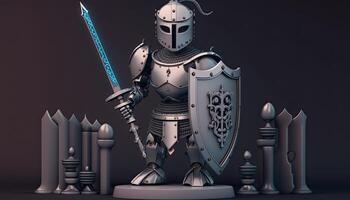 A cyborg holding a futuristic sword with shield, digital art style. Generative AI. photo