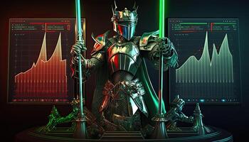 A cyborg holding a futuristic sword, digital hologram graphs background, digital art style. . photo
