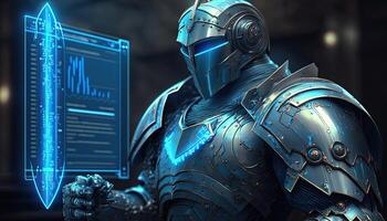 Robot operating virtual interface and manipulating elements with robotic hand. Blue holographic screen artificial intelligence concept. Robots control people in the near future. photo