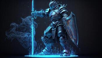 A cyborg holding a futuristic sword, digital hologram graphs background, digital art style. . photo