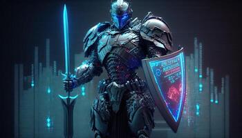 A cyborg holding a futuristic sword with shield, digital hologram graphs background, digital art style. Generative AI. photo