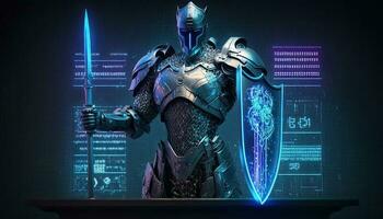 un cyborg participación un futurista espada con proteger, digital holograma gráficos fondo, digital Arte estilo. generativo ai. foto