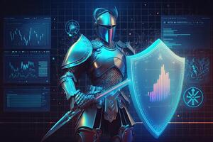 A cyborg holding a futuristic sword with shield, digital hologram graphs background, digital art style. . photo