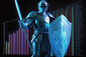 A cyborg holding a futuristic sword with shield, digital hologram graphs background, digital art style. . photo