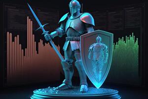 A cyborg holding a futuristic sword with shield, digital hologram graphs background, digital art style. . photo