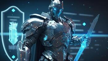 A cyborg holding a futuristic sword with shield, digital hologram graphs background, digital art style. . photo