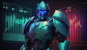 A cyborg robot in digital hologram graphs background, digital art style. . photo