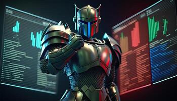 A cyborg robot in digital hologram graphs background, digital art style. . photo