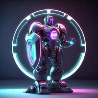 A cyborg holding a futuristic shield, digital art style. . photo