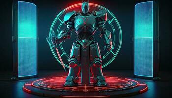 A cyborg holding a futuristic sword. digital hologram graphs background, digital art style. Generative AI. photo