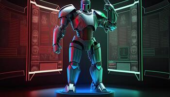 A cyborg robot in digital hologram graphs background, digital art style. . photo