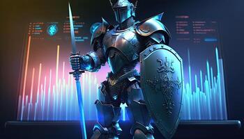 A cyborg holding a futuristic sword with shield, digital hologram graphs background, digital art style. Generative AI. photo