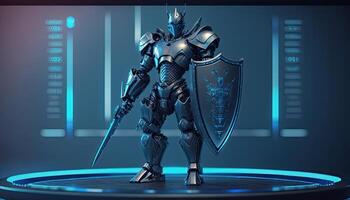 A cyborg holding a futuristic sword with shield, digital hologram graphs background, digital art style. . photo