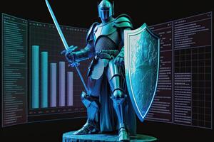 A cyborg holding a futuristic sword with shield, digital hologram graphs background, digital art style. . photo
