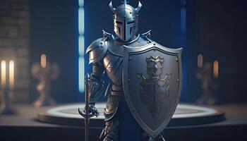 A cyborg holding a futuristic sword with shield, digital art style. . photo