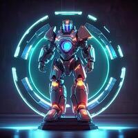 Robot, neon high-tech concept, sports game of cyberpunk science fiction, a scene stand pedestal stage, illustration, and futuristic neon glow. photo