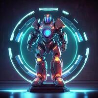 Robot, neon high-tech concept, sports game of cyberpunk science fiction, a scene stand pedestal stage, illustration, and futuristic neon glow. Generative AI photo