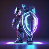 A cyborg holding a futuristic shield, digital art style. Generative AI. photo