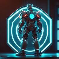 Robot, neon high-tech concept, sports game of cyberpunk science fiction, a scene stand pedestal stage, illustration, and futuristic neon glow. photo