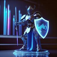 A cyborg holding a futuristic sword with shield, digital hologram graphs background, digital art style. Generative AI. photo