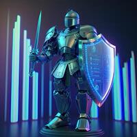 A cyborg holding a futuristic sword with shield, digital hologram graphs background, digital art style. Generative AI. photo