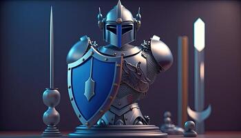 A cyborg holding a futuristic sword with shield, digital art style. . photo