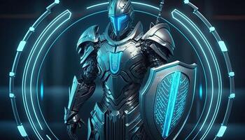 Robot , neon high-tech concept, sports game of cyberpunk science fiction, a scene stand pedestal stage, illustration, and futuristic neon glow. photo