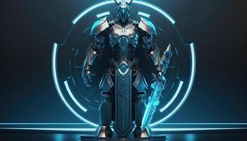 Robot , neon high-tech concept, sports game of cyberpunk science fiction, a scene stand pedestal stage, illustration, and futuristic neon glow. photo