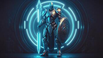 Robot , neon high-tech concept, sports game of cyberpunk science fiction, a scene stand pedestal stage, illustration, and futuristic neon glow. photo