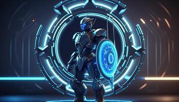 Robot , neon high-tech concept, sports game of cyberpunk science fiction, a scene stand pedestal stage, illustration, and futuristic neon glow. photo