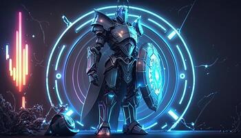 A cyborg holding a futuristic sword and shield, neon high-tech concept, sports game of cyberpunk science. . photo