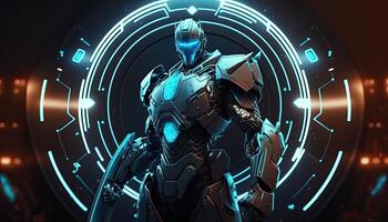 Robot , neon high-tech concept, sports game of cyberpunk science fiction, a scene stand pedestal stage, illustration, and futuristic neon glow. photo