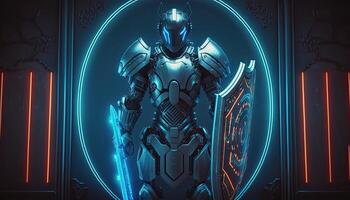 Robot , neon high-tech concept, sports game of cyberpunk science fiction, a scene stand pedestal stage, illustration, and futuristic neon glow. photo