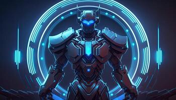 Robot , neon high-tech concept, sports game of cyberpunk science fiction, a scene stand pedestal stage, illustration, and futuristic neon glow. photo