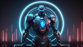 Robot , neon high-tech concept, sports game of cyberpunk science fiction, a scene stand pedestal stage, illustration, and futuristic neon glow. Generative AI photo