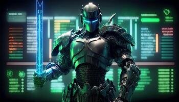 A Cyborg Holding a Futuristic Sword with Holographic Screen on Dark Background. . photo