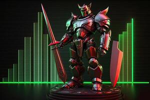 A cyborg holding a futuristic sword digital hologram graphs background, digital art style. . photo