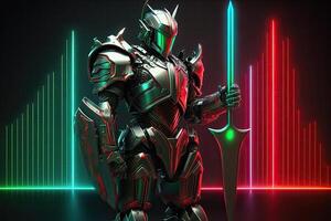 A cyborg holding a futuristic sword digital hologram graphs background, digital art style. . photo