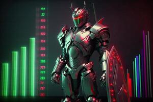 A cyborg holding a futuristic shield, digital hologram graphs background, digital art style. . photo