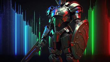 A cyborg holding a futuristic sword with shield, digital hologram graphs background, digital art style. . photo