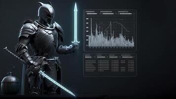 A Cyborg Holding a Futuristic Sword with Holographic Screen on Dark Background. . photo