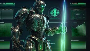 un cyborg participación un futurista espada con holográfico pantalla en oscuro antecedentes. generativo ai ilustración. foto